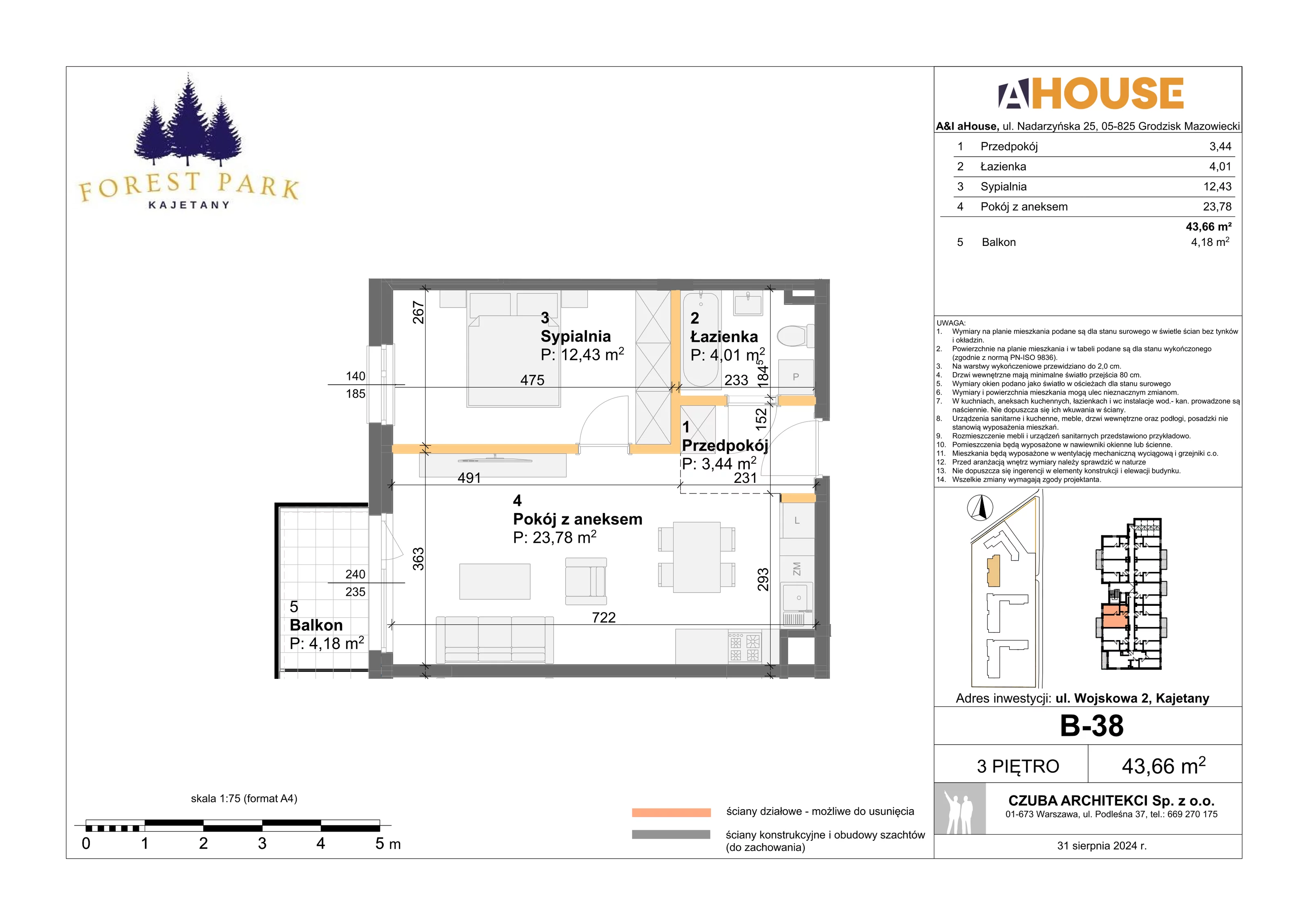 2 pokoje, mieszkanie 43,66 m², piętro 3, oferta nr B-38, Forest Park Kajetany, Kajetany, ul. Wojskowa 2